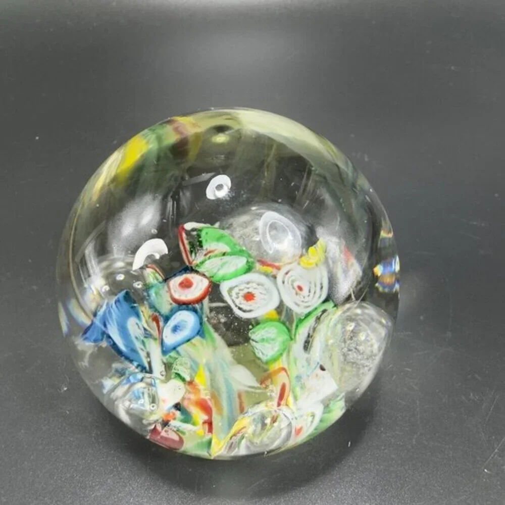 Hand Blown Art Glass Paperweight With Large Bubbles Multicolored‎ Millefiori VTG